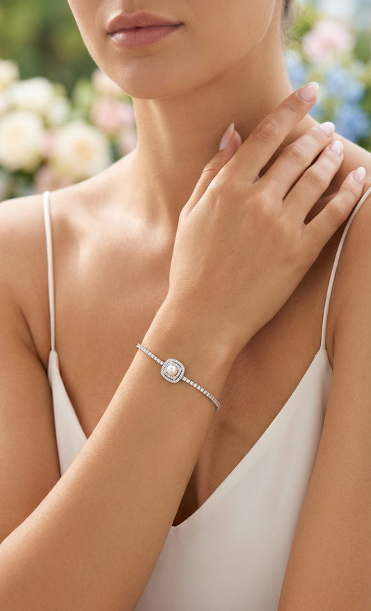 İnci Detaylı Taşlı Silver Renkli Bileklik